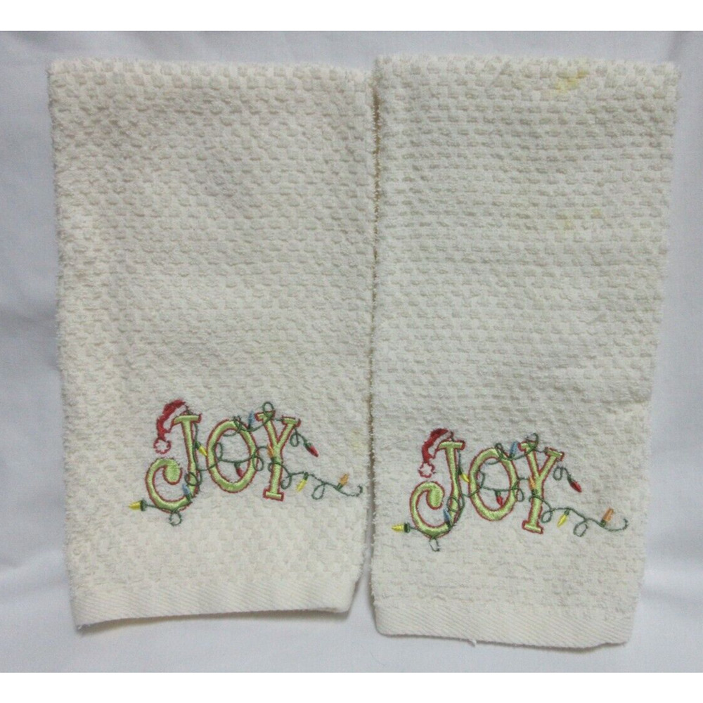 Set/2 Croscill Home Embellished Christmas Hand Towels Embroidered JOY 18 x25"